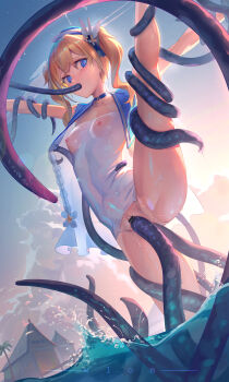 1girl anal artist_name bar_censor barbara_(genshin_impact) barbara_(summertime_sparkle)_(genshin_impact) blonde_hair blue_choker blue_eyes blue_headwear blue_ribbon breasts censored choker clothing_cutout collarbone consensual_tentacles covered_navel crotch_cutout double_penetration genshin_impact hair_between_eyes hair_ribbon heart heart-shaped_pupils highres hut leg_up long_hair nipples official_alternate_costume one-piece_swimsuit oral palm_tree partially_submerged ribbon ruochongsang sarong see-through_clothes see-through_one-piece_swimsuit sky small_breasts spread_legs swimsuit symbol-shaped_pupils tentacle_sex tentacles tree twintails vaginal wet wet_clothes wet_swimsuit