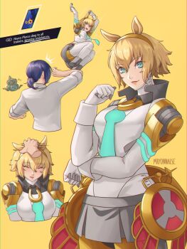 1boy 1girl aigis_(persona) android animal_ears arahabaki_(megami_tensei) blonde_hair blue_eyes blue_hair blue_necktie blush breasts closed_eyes closed_mouth cosplay drop_kick flying_kick gold_hairband grey_skirt hairband headpat highres horse_ears horse_girl joints kicking looking_at_viewer mayonnaisenais3 medium_breasts mihono_bourbon_(mb-19890425)_(umamusume) mihono_bourbon_(umamusume) mihono_bourbon_(umamusume)_(cosplay) necktie open_mouth persona persona_3 ponytail robot_joints shirt short_hair shrugging skirt smile umamusume white_shirt