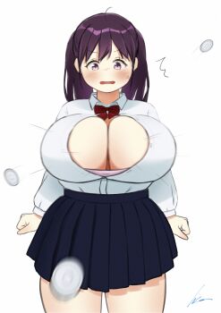 1girl black_hair blue_skirt blush bow bowtie bra breasts bursting_breasts cleavage embarrassed harukakakkokari huge_breasts long_hair open_clothes open_mouth open_shirt original pink_bra popped_button purple_eyes purple_hair school_uniform shirt skirt solo standing surprised sweat twintails underwear wardrobe_malfunction white_background white_shirt