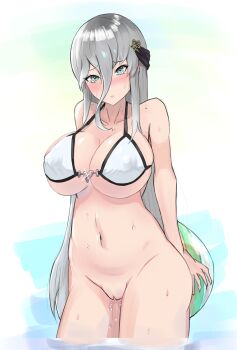 Rule 34 | absurdres, arms behind back, ball, beachball, bikini, bikini top only, blush, boaplant feeder, breasts, commentary request, green eyes, grey hair, hair between eyes, highres, large breasts, long hair, looking to the side, navel, nipples, partially submerged, pussy, senkou (senran kagura), senran kagura, senran kagura new link, sidelocks, suggestive fluid, swimsuit, tearing up, water