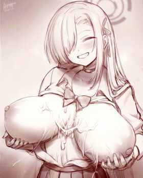 1girl after_ejaculation after_paizuri asuna_(blue_archive) blue_archive blush bow breasts choker closed_eyes collarbone commentary_request cum cum_string hair_over_one_eye halo hhh_(wave) highres large_breasts long_hair monochrome nipples pleated_skirt short_sleeves simple_background skirt smile solo standing teeth