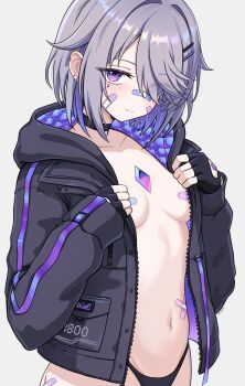 1girl absurdres bandaid bandaid_on_cheek bandaid_on_face bandaid_on_nose bandaid_on_stomach bandaids_on_nipples black_choker black_gloves black_jacket black_panties breasts chest_jewel choker closed_mouth commentary crossed_bandaids fingerless_gloves gem gloves grey_background grey_hair hair_flaps hair_ornament hair_over_one_eye hairclip hand_jewel highres hololive hololive_english hood hooded_jacket jacket jewel_under_eye koseki_bijou koseki_bijou_(casual) looking_at_viewer navel no_bra no_pants no_shirt official_alternate_costume panties parallel_hairclips pasties purple_eyes purple_gem purple_jacket quilted_jacket short_hair simple_background small_breasts smile solo stomach suoniko swept_bangs two-sided_fabric two-sided_jacket underwear virtual_youtuber