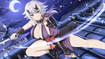 1girl absurdres architecture armor bare_shoulders black_panties blue_eyes blue_hair breasts choker cleavage cloud crescent_moon crossover east_asian_architecture falling_petals forehead_protector gauntlets headgear highres horn_ornament horns japanese_armor japanese_clothes large_breasts lipstick looking_at_viewer makeup moon night ninja official_art panties petals purple_lips queen's_blade sash senran_kagura senran_kagura_new_link shizuka_(queen's_blade) short_hair short_sword shoulder_armor sideboob sky smile sode solo spread_legs squatting sword tantou underwear weapon yaegashi_nan