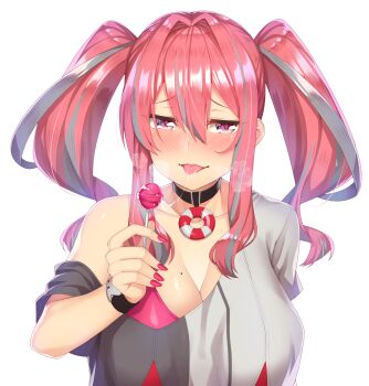 1girl absurdres azur_lane bikini bikini_under_clothes black_choker blush breasts bremerton_(azur_lane) candy choker chupa_chups cleavage collarbone commentary commentary_request crop_top crop_top_overhang english_commentary fingernails food grey_hair hair_between_eyes hair_intakes highres holding holding_food large_breasts lifebuoy_ornament lollipop long_fingernails long_hair looking_at_viewer mixed-language_commentary mole mole_on_breast multicolored_hair nail_polish nose_blush off-shoulder_shirt off_shoulder pink_bikini pink_eyes pink_hair pink_nails saliva saliva_trail sexually_suggestive shirt short_sleeves sidelocks simple_background single_bare_shoulder smile solo streaked_hair swimsuit takurowo tongue tongue_out transparent_background twintails two-tone_hair two-tone_shirt upper_body white_background wristband