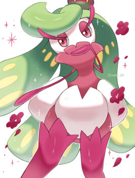 artist_name colored_skin commentary_request gen_7_pokemon green_hair iwasi_29 long_hair nintendo pokemon pokemon_(creature) red_eyes sparkle standing tsareena twitter_username white_background white_skin