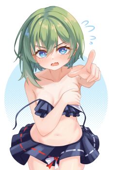 1girl alternate_costume asymmetrical_hair bikini bikini_skirt black_bikini black_skirt blue_eyes blush breasts chunjiu collarbone commentary_request covering_breasts covering_privates fang frilled_bikini frills green_hair highres looking_at_viewer medium_breasts navel open_mouth pointing pointing_at_viewer ribbon-trimmed_skirt ribbon_trim shiki_eiki skin_fang skirt solo stomach swimsuit touhou untied_bikini_top wardrobe_malfunction