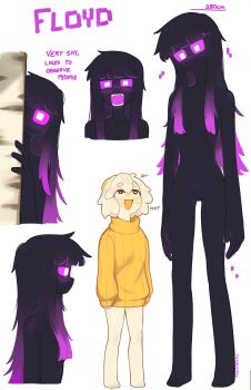 2girls :d absurdres adversarial_noise birch_tree black_hair black_skin blush borrowed_character check_copyright colored_sclera colored_skin copyright_request egg_(lemyawn) enderman english_text fangs gradient_hair hair_flaps hair_over_breasts height height_difference hiding highres long_hair looking_at_another minecraft multicolored_hair multiple_girls multiple_views nervous_sweating no_pants nude open_mouth original peeking_out pink_hair pink_sclera simple_background smile standing sweat sweater tall_female teeth tree white_background white_eyes yellow_sweater yoako