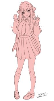 1girl absurdres bow breasts collared_shirt hair_bow highres jacket kneehighs long_hair long_sleeves looking_at_viewer monochrome necktie open_clothes open_jacket open_mouth original pleated_skirt school_uniform shirt shoes simple_background skirt smile socks solo unasaka_ryou white_background