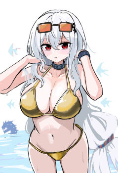 1girl alternate_costume arknights bikini bone_hiko breasts cleavage commentary_request cowboy_shot eyewear_on_head gold_bikini groin hair_between_eyes hands_in_own_hair infection_monitor_(arknights) large_breasts long_hair looking_at_viewer navel oekaki orange-tinted_eyewear paint_chat_(medium) parted_lips partial_commentary red_eyes skadi_(arknights) solo standing swimsuit tinted_eyewear very_long_hair white_background white_hair yellow_bikini