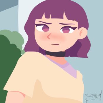 1girl 2026 amelia_(pathways) artist_name black_choker blunt_bangs bob_cut choker commentary embarrassed english_commentary female_focus flat_color long_sleeves looking_at_viewer maud_fal mole mole_under_eye outdoors parody pathways_(game) purple_hair shirt short_sleeves solo style_parody yellow_shirt