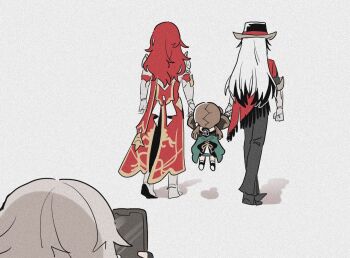 1girl 3boys argenti_(honkai:_star_rail) armor black_pants boothill_(honkai:_star_rail) brown_hair caelus_(honkai:_star_rail) cellphone chibi cowboy_hat from_behind grey_hair hat holding_hands honkai:_star_rail honkai_(series) long_hair mugime_(oretekisunshine) multiple_boys pants phone qingque_(honkai:_star_rail) red_hair smartphone taking_picture trailblazer_(honkai:_star_rail) walking_away white_hair