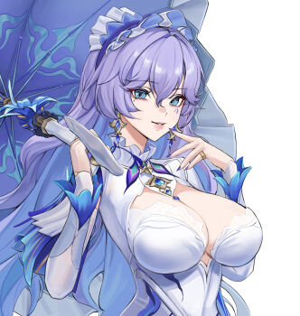 Rule 34 | 1girl, absurdres, blue eyes, breasts, cantarella (wuthering waves), commentary, db (geuze), dress, earrings, facial mark, fingernails, hair between eyes, hands up, headdress, highres, holding, holding umbrella, jewelry, large breasts, long fingernails, long hair, looking at viewer, mark under eye, mole, mole under eye, nail polish, parasol, parted lips, purple hair, purple nails, shrug (clothing), simple background, solo, umbrella, upper body, white background, white dress, white shrug, wuthering waves