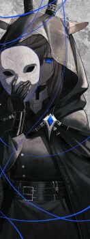 1girl absurdres alternate_costume animal_ears arknights belt belt_buckle black_cloak black_dress black_gloves blonde_hair blue_eyes blue_gemstone brooch buckle buttons cloak commentary_request dress earthspirit_(arknights) gem gloves glowing glowing_eyes goat_ears goat_girl goat_horns hand_up highres holding holding_mask hood hood_up hooded_cloak horizontal_pupils horn_ornament horns jewelry long_hair looking_at_viewer mask minuo multiple_belts shirt solo spire_caster_(arknights) unworn_mask upper_body white_shirt