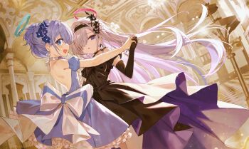 2girls :d absurdres alternate_costume arona_(blue_archive) b_soyo1 bare_shoulders black_dress black_gloves black_hairband blue_archive blue_dress blue_eyes blue_hair blue_halo blue_sleeves blush commentary cowboy_shot detached_sleeves dress elbow_gloves frilled_dress frills gloves grey_hair hair_over_one_eye hairband halo highres holding_hands long_hair multiple_girls open_mouth pink_halo plana_(blue_archive) short_hair short_sleeves smile strapless strapless_dress symbol-only_commentary