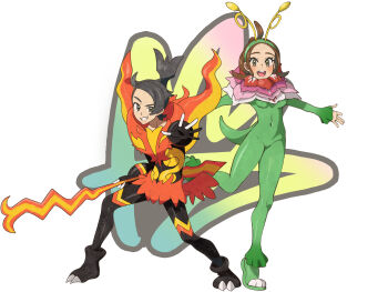 1boy 1girl absurdres antennae black_hair bodysuit brown_eyes brown_hair cosplay covered_navel emboar fire full_body gen_2_pokemon gen_5_pokemon gloves green_headband harmony_(pokemon) headband highres holding holding_weapon impossible_bodysuit impossible_clothes impossible_leotard leotard mega_emboar mega_emboar_(cosplay) mega_meganium mega_meganium_(cosplay) meganium neck_flower nintendo open_mouth partially_fingerless_gloves paxton_(pokemon) pokemon pokemon_legends:_z-a raida_(fmuc5473) skin_tight sleeves_past_wrists standing standing_on_one_leg teeth upper_teeth_only weapon