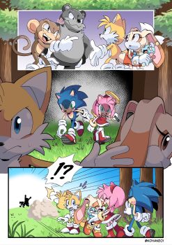 3koma amy_rose bear blue_eyes blue_fur boots brown_eyes brown_fur bullying cheese_(sonic) comic cream_the_rabbit crying dress fleeing fox gloves grass green_eyes grey_fur hammer hedgehog highres hug injury kohane01 long_ears menacing_face monkey multiple_tails nervous orange_fur piko_piko_hamer pink_fur protecting rabbit running scary_face scary_smile sega shoes socks sonic_(series) sonic_the_hedgehog surprised tail tails_(sonic) tree two_tails walking yellow_fur