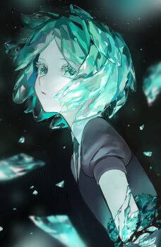 1other amputee aqua_eyes aqua_hair bisected black_background black_shirt blurry collared_shirt colored_eyelashes commentary crystal_hair depth_of_field english_commentary expressionless floating_hair gem_uniform_(houseki_no_kuni) green_necktie highres houseki_no_kuni kobutanori layered_shirt light_particles looking_at_viewer necktie other_focus pale_skin parted_lips phosphophyllite pointy_nose puffy_short_sleeves puffy_sleeves shards shirt short_hair short_sleeves solo upper_body v-neck white_shirt