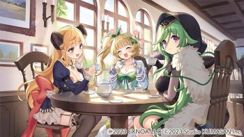 3girls :d ^_^ arm_rest artist_collaboration artist_request bare_shoulders black_dress black_hood black_thighhighs blonde_hair blue_dress blunt_bangs blush bow breasts brown_eyes cezanne_(girls_creation) chair cleavage closed_eyes closed_mouth commentary_request cup dress elbow_rest flipped_hair folgeres_(girls_creation) game_cg garter_straps girls_creation gloves green_bow green_dress green_hair green_ribbon grey_gloves hair_ornament hair_ribbon hand_on_own_cheek hand_on_own_face head_rest head_tilt holding holding_cup hood hood_up horns indoors kinjo_kuromomo large_breasts long_hair looking_at_viewer manet_(girls_creation) multiple_girls nauribon off-shoulder_dress off_shoulder official_art on_chair open_mouth purple_eyes red_bow ribbon round_table saucer short_dress sitting smile table tareme tea tea_set teacup teapot thighhighs very_long_hair window wooden_ceiling