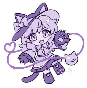 1girl animal_ears animal_hands animal_hat bow buttons cat_ears cat_girl cat_tail chibi chibi_only commentary_request diamond_button eyeball frilled_shirt_collar frilled_skirt frilled_sleeves frills full_body gloves hat hat_bow heart heart_of_string kemonomimi_mode komeiji_koishi long_hair long_sleeves looking_at_viewer miy_001 monochrome open_mouth paw_gloves paw_shoes purple_theme signature simple_background skirt smile solo tail third_eye touhou white_background wide_sleeves