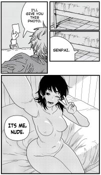 1boy 1girl absurdres armpits bed belly black_hair breasts chainsaw_man collarbone completely_nude curvy denji_(chainsaw_man) derivative_work freshnsfw highres mifune_fumiko monochrome navel nipples nude open_mouth screentones selfie short_hair sitting smile thick_thighs thighs wide_hips