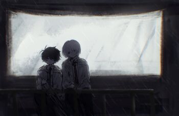 2boys akinashi_haru backlighting black_hair blue_necktie collared_shirt commentary_request dress_shirt guzi15613491 highres holding holding_umbrella male_focus multiple_boys necktie rain raincoat red_necktie saihate_eki shirt short_hair sitting tatsunami_shion umbrella white_hair white_shirt wide_shot window