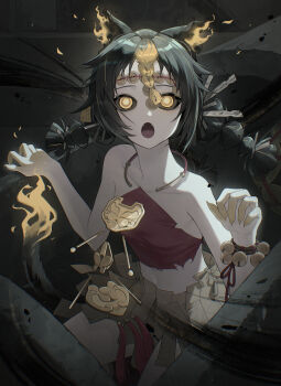 1girl absurdres animal_ears bare_shoulders beads black_hair black_sclera bracelet braid cat_ears cat_girl cat_tail claw_pose collarbone colored_sclera commentary_request fang fingernails fire hair_ornament hands_up highres jewelry k_hottok long_hair looking_at_viewer midriff navel necklace open_mouth sharp_fingernails solo tail twin_braids xingshen_(xinyue_tongxing) xinyue_tongxing yellow_eyes