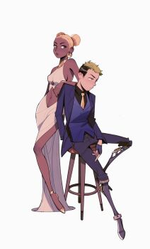 1boy 1girl absurdres alternate_costume apex_legends black_gloves black_hair black_pants black_shirt blonde_hair blue_jacket blue_vest brown_eyes clothing_cutout collared_shirt commentary dark-skinned_female dark_skin double_bun dress earrings english_commentary facial_hair fingerless_gloves gloves goatee gold_necklace green_eyes green_hair hair_bun high_heels highres jacket jewelry lapels lifeline_(apex_legends) lips looking_to_the_side mechanical_legs multicolored_hair navel necklace necktie notched_lapels octane_(apex_legends) open_clothes open_jacket pants piercing prosthesis prosthetic_leg sanpaku shirt short_hair sideburns_stubble sideways_glance sitting sleeveless sleeveless_dress stomach_cutout stool stubble suit_jacket tentententen00 two-tone_hair vest white_dress wing_collar yellow_necktie