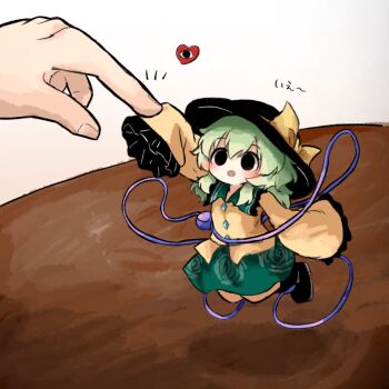 1girl 1other black_boots black_eyes black_hat boots bow buttons diamond_button eyeball floral_print frilled_shirt_collar frilled_sleeves frills green_hair green_skirt hat hat_bow hat_ribbon heart heripantomorrow jumping komeiji_koishi mini_person minigirl ribbon rose_print shirt skirt sleeves_past_wrists smile third_eye touhou translated wide_sleeves yellow_ribbon yellow_shirt