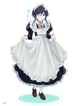 1boy alternate_costume apron apron_hold black_dress black_hair braid brown_shoes character_name closed_mouth commentary_request crossdressing crossdressing_(mtf) dress enmaided flower full_body genshin_impact gradient_hair green_eyes green_hair hair_between_eyes hair_flower hair_ornament highres k3n0kay long_sleeves looking_at_viewer maid maid_apron maid_headdress male_focus male_maid multicolored_hair one_eye_closed shoes short_hair_with_long_locks side_braids simple_background smile socks solo twin_braids twitter_username venti_(genshin_impact) white_apron white_background white_flower white_socks