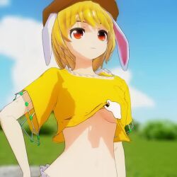 1girl 3d animated assisted_exposure blonde_hair blurry blurry_background breasts cloud disembodied_hand hand_on_own_hip hat large_breasts mofumoko5 no_bra outdoors rabbit_ears red_eyes ringo_(touhou) short_hair sky solo standing tagme touhou underboob video
