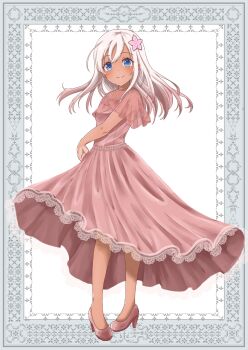 1girl alternate_costume blonde_hair blue_eyes border commentary_request dress flower full_body hair_flower hair_ornament high_heels highres kantai_collection mikeneko_2828 ornate_border pink_dress pink_flower ro-500_(kancolle) smile solo standing tan