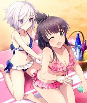 2girls :o ;d ahoge applying_sunscreen barefoot beach beach_towel bikini bikini_skirt blue_bow blush bottle bow breasts cleavage collarbone dot_nose frilled_bikini frills from_above game_cg green_eyes groin hair_between_eyes hair_ornament hair_ribbon hair_rings hairclip hands_on_another&#039;s_back holding holding_bottle itomi_sayaka large_breasts looking_at_viewer lotion lotion_bottle medium_hair multiple_girls navel official_art on_ground one_eye_closed open_mouth outstretched_arms outstretched_hand parted_lips pink_bikini pink_ribbon purple_eyes purple_hair ribbon sand short_hair side-tie_bikini_bottom sidelocks single_hair_ring sitting small_breasts smile sparkle swimsuit third-party_source toji_no_miko toji_no_miko:_kizamishi_issen_no_tomoshibi towel wariza white_bikini wicker_basket yanase_mai