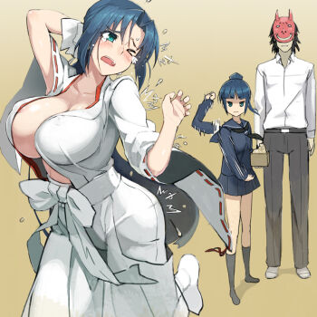 1boy 2girls afterimage areola_slip black_legwear blush breast_envy breasts cleavage covered_erect_nipples huge_breasts mamemaki mask masu mature_female minato_hikaru minato_kageaki minato_subaru multiple_girls nitroplus nontraditional_miko ookuma_nekosuke ponytail school_uniform serafuku setsubun skirt soukou_akki_muramasa throwing