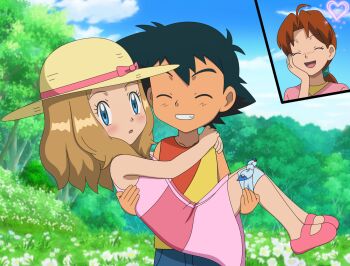 1boy 2girls ash_ketchum black_hair blonde_hair blue_eyes blush carrying carrying_person closed_eyes dress hand_on_own_cheek hand_on_own_face highres jitan7 looking_at_viewer multiple_girls nintendo open_mouth pink_dress pokemon pokemon_(anime) princess_carry serena_(pokemon) smile teeth