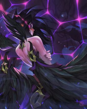 1girl artist_name bare_shoulders black_hair black_nails black_wings blush closed_mouth fingernails from_behind highres league_of_legends long_hair morgana_(league_of_legends) nail_polish pink_background pink_eyes sharp_fingernails simz solo spiked_hair wings