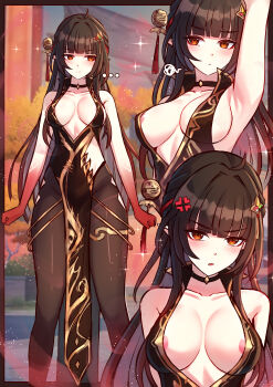 1girl absurdres ahoge anger_vein areola_slip armpits black_dress black_pantyhose blush breasts brown_hair center_opening china_dress chinese_clothes colored_extremities commentary dress english_commentary highres honkai:_star_rail honkai_(series) jimpu6 large_breasts lingsha_(honkai:_star_rail) long_hair looking_at_viewer looking_to_the_side multiple_views pantyhose pointy_ears red_eyes red_hands very_long_hair