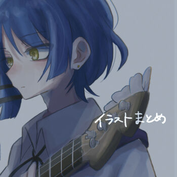 1girl 46_(dt_tb) bass_guitar blue_hair bocchi_the_rock! commentary_request hair_ornament hairclip highres holding holding_bass_guitar holding_instrument instrument long_hair long_sleeves looking_at_viewer shirt short_hair simple_background solo upper_body white_shirt yamada_ryo yellow_eyes