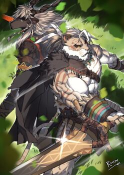 2boys abs absurdres afk_(series) afk_journey animal_ears artist_name bara biceps braid closed_mouth colored_sclera diffraction_spikes falling_leaves fangs furry furry_male goat_boy goat_ears goat_horns grass grey_hair hashtag-only_commentary highres holding holding_sword holding_weapon horns jewelry kordan_(afk) leaf male_focus multicolored_hair multiple_boys muscular muscular_male nazrik_(afk) necklace pectorals red_eyes rovrov sword tail tiger_boy tiger_ears tiger_stripes tiger_tail topless_male weapon yellow_sclera