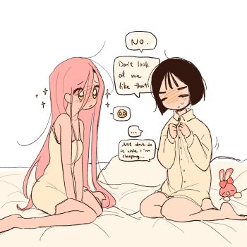 ... 2girls alien_stage barefoot black_hair closed_eyes closed_mouth coldmeow dress english_text highres long_hair looking_at_another mizi_(alien_stage) multiple_girls on_bed pillow pink_hair shirt short_hair sitting sparkle speech_bubble spoken_ellipsis spoken_emoji stuffed_animal stuffed_rabbit stuffed_toy sua_(alien_stage) sweat wariza yellow_dress yellow_eyes yellow_shirt yuri