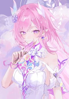 Rule 34 | 1girl, bare shoulders, breasts, bush, commentary, cyrene (honkai: star rail), cyrene (ripples of past reverie) (honkai: star rail), diamond-shaped pupils, diamond (shape), earrings, flower, hair flower, hair ornament, hand up, highres, holding, holding quill, honkai: star rail, honkai (series), jewelry, large breasts, long hair, looking at viewer, nail polish, pink hair, pink nails, pointy ears, purple eyes, purple flower, purple rose, quill, revision, rose, smile, solo, suzu (0943 su), symbol-only commentary, symbol-shaped pupils, upper body