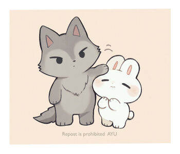 3: animal animal_focus artist_name ayu_(mog) blush_stickers border closed_eyes closed_mouth commentary english_commentary headpat mixed-language_commentary no_humans original rabbit romaji_commentary simple_background solid_circle_eyes watermark white_border wolf yellow_background