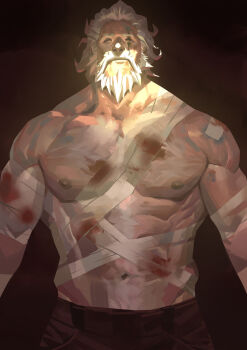 1boy 2016 bandages beard blood blood_on_arm blood_on_body bloody_bandages broad_shoulders brown_background brown_pants closed_eyes connected_beard facial_hair full_beard highres injury manly messy_hair muscular muscular_male nesskain nipples old old_man overwatch overwatch_1 pants reinhardt_(overwatch) scar scar_across_eye scar_on_face strongman_waist topless_female topless_male white_hair