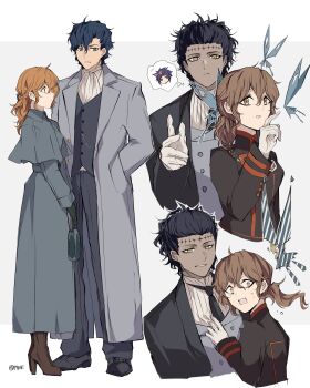 1boy 2girls absurdres ahoge badge bag black_coat black_eyes black_hair black_necktie black_order_uniform black_pants black_shoes black_vest blue_butterfly blue_vest boots bow braid brown_boots brown_eyes brown_hair bug butterfly chain clone coat collared_coat d.gray-man dark-skinned_male dark_skin dual_persona earrings facial_mark forehead_mark gloves green_bag green_gloves grey_background grey_coat hair_between_eyes hair_bow hair_slicked_back hand_in_pocket hand_on_another&#039;s_chest hand_up high_heel_boots high_heels highres holding holding_bag insect jewelry long_coat long_hair looking_at_animal looking_at_another looking_at_viewer looking_to_the_side low_ponytail medium_hair messy_hair military military_uniform miranda_lotto mole mole_under_eye multiple_girls neckerchief necktie noah_(d.gray-man) orange_hair oxfords pants parted_lips pink_bow ponytail profile purple_eyes purple_hair road_kamelot scared shirt shoes short_hair sidelocks signature simple_background single_braid smile sodamachi speech_bubble spiked_hair spoken_character striped_clothes striped_coat striped_shirt stud_earrings sweat sweatdrop teez_(d.gray-man) thought_bubble twitter_username tyki_mikk vertical-striped_clothes vertical-striped_coat vertical-striped_shirt vest waistband wavy_hair white_gloves white_neckerchief white_shirt yellow_eyes