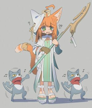 Rule 34 | 1girl, ?, ??, ahoge, animal ear fluff, animal ears, arknights, blunt bangs, blush, cat, cat ears, cat girl, cat tail, confused, dancing, diagonal bangs, ears under headwear, green eyes, grey background, highres, holding, holding staff, hooded dress, medium hair, mini tiara, orange hair, orange tail, papyrus (arknights), platform sandals, sandals, staff, tail, tail ornament, tail ring, takenuco, tiara