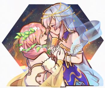 Rule 34 | 2girls, :d, armlet, blue collar, blue dress, blue eyes, bracelet, closed mouth, collar, commentary, detached collar, detached sleeves, dress, face-to-face, flower, gold bracelet, grey hair, hair flower, hair ornament, hair over shoulder, hand on another's cheek, hand on another's face, hand on another's hand, honeycomb (pattern), honeycomb background, jewelry, juliet sleeves, leaf hair ornament, long hair, long sleeves, looking at another, multiple girls, nabezoko no okoge, official alternate costume, open mouth, own hands together, pink hair, puffy sleeves, see-through clothes, see-through veil, shooting star, shoujo kageki revue starlight, shoujo kageki revue starlight -re live-, sidelocks, sleeveless, sleeveless dress, smile, star (sky), symbol-only commentary, tsuruhime yachiyo, twitter username, two-tone dress, upper body, veil, very long hair, white background, white dress, yellow veil, yukishiro akira