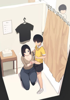 1girl 2boys absurdres age_difference akiyama_yuko_(pepper0) akiyama_yuto_(pepper0) bare_legs black_hair black_shorts blue_eyes blush breasts breath brown_shirt censored cleavage closed_mouth clothed_female_nude_male collarbone curtains denim dot_mouth dot_nose drooling expressionless fitting_room full_body furrowed_brow grey_footwear groin handjob hetero highres incest jeans kneeling large_breasts looking_at_penis looking_down mature_female mosaic_censoring mother_and_son multiple_boys nude original pants parted_lips penis penis_out people pepper0 polo_shirt precum public_indecency shirt shoes short_hair short_shorts shorts shota sweatdrop tareme very_short_hair white_trim wide_hips yellow_shirt