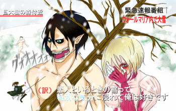 blush covering_face female_titan giant giantess hange_zoe hetero interview meme microphone monster parody rogue_titan shingeki_no_kyojin snowing special_feeling_(meme) three-dimensional_maneuver_gear titan_(generic)_(shingeki_no_kyojin) titan_(shingeki_no_kyojin) tree