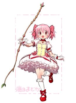 Rule 34 | 1girl, :d, ankle socks, bow, bow choker, bubble skirt, choker, hair bow, highres, kaname madoka, kaname madoka (magical girl), mahou shoujo madoka magica, mahou shoujo madoka magica (anime), noro zt, open mouth, petticoat, pink bow, pink eyes, pink hair, puffy short sleeves, puffy sleeves, red bow, red shoes, shoes, short sleeves, short twintails, skirt, smile, socks, soul gem, twintails, white background, white socks
