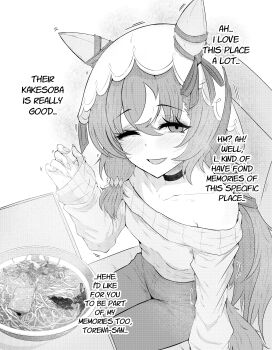 1girl absurdres alternate_costume animal_ears bare_shoulders blush breasts casual choker collarbone commentary crossed_bangs english_text food greyscale hair_between_eyes hand_up highres horse_ears horse_girl long_hair long_sleeves looking_at_viewer mayoa monochrome noodles off_shoulder one_eye_closed open_mouth pants ramen sitting small_breasts smile solo still_in_love_(umamusume) sweater talking umamusume veil white_background