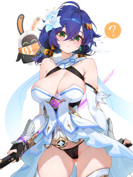 1girl :&lt; ? areola_slip bangboo_(zenless_zone_zero) belle_(zenless_zone_zero) bilingual_commentary black_gloves black_panties blue_hair breasts cameltoe commentary company_connection cosplay crossover dress english_commentary eous_(zenless_zone_zero) flower genshin_impact gloves green_eyes hair_flower hair_ornament high-low_dress highres holding holding_sword holding_weapon large_breasts letter_hair_ornament light_particles looking_at_viewer lumine_(genshin_impact) lumine_(genshin_impact)_(cosplay) mihoyo mistsplitter_reforged_(genshin_impact) mixed-language_commentary panties reverse_grip revision short_hair solo sphere_hair_ornament spoken_question_mark strapless strapless_dress sword thighhighs underwear waterring weapon white_background white_dress white_sleeves white_thighhighs zenless_zone_zero
